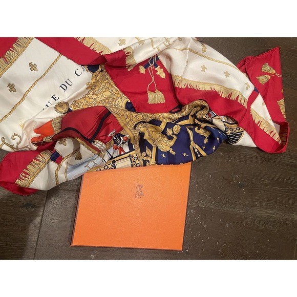 HERMES Paris "Vue du Carosse de la Galere la Reale" Silk Red Blue White Scarf - Picture 11 of 16
